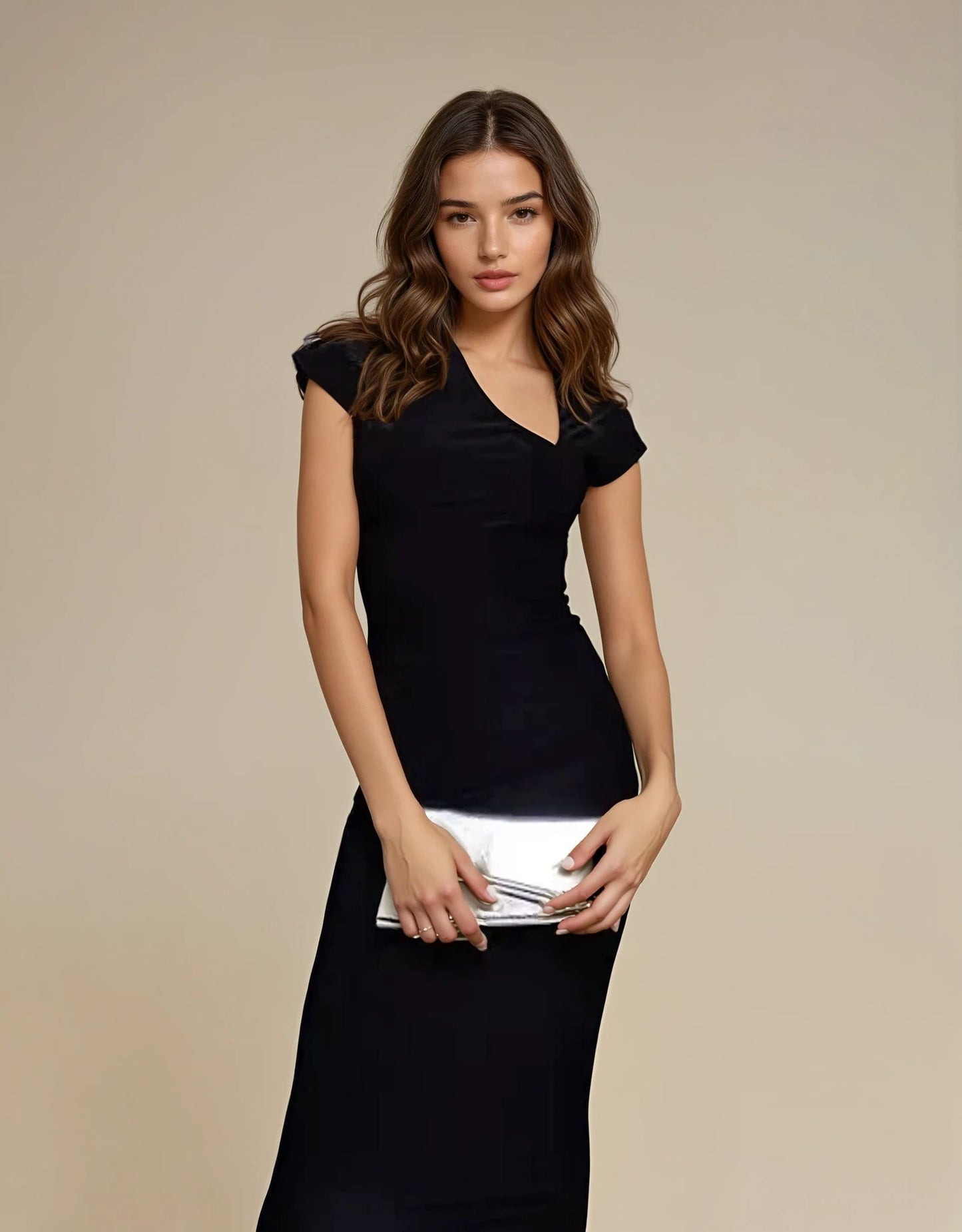 Exclusive Double Sculpted Slinky Asymmetric Neckline Maxi Dress in Black