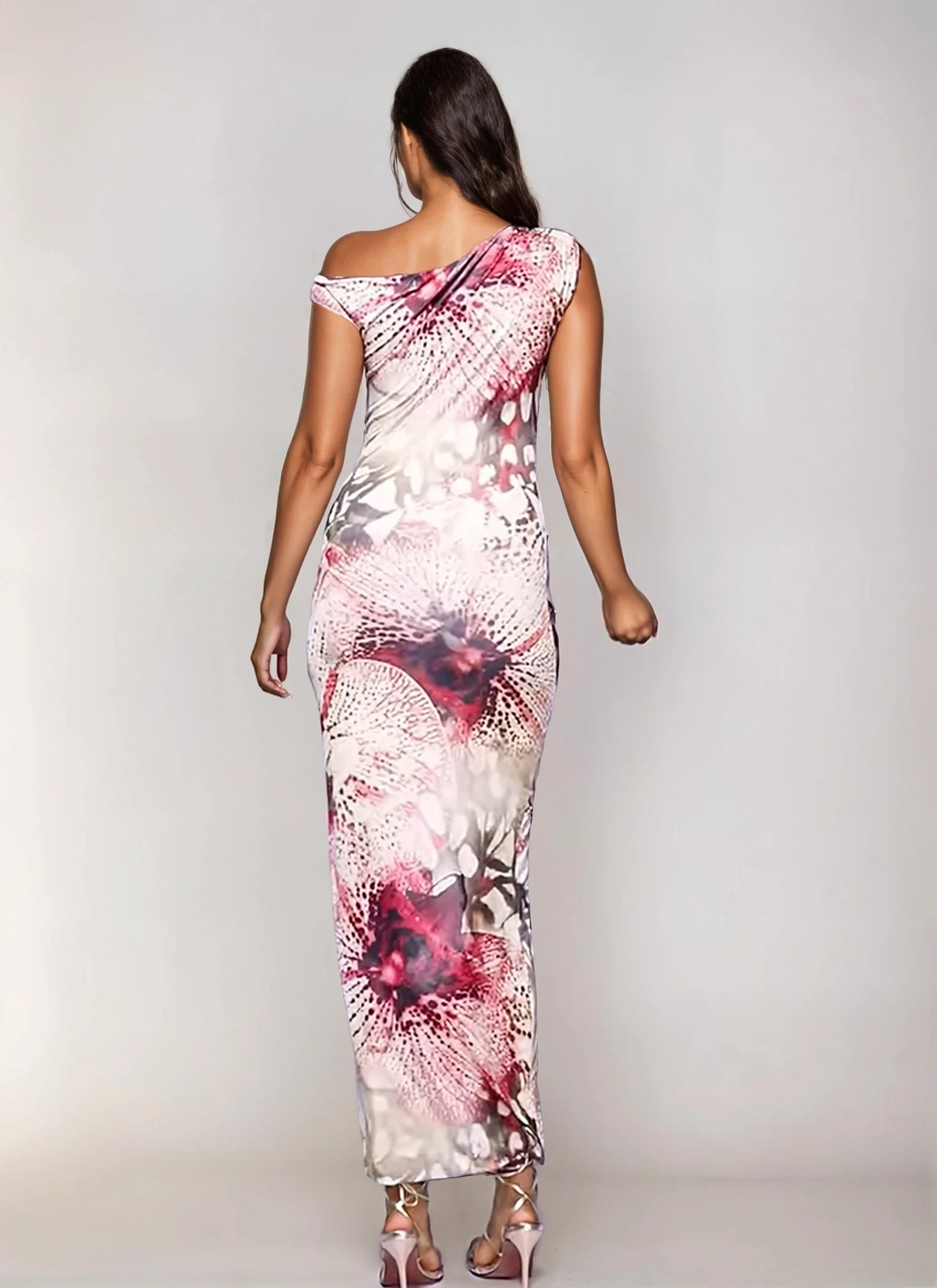 Exclusive Double Sculpted Slinky Asymmetric Shoulder Maxi Dress in Animal Flower Print
