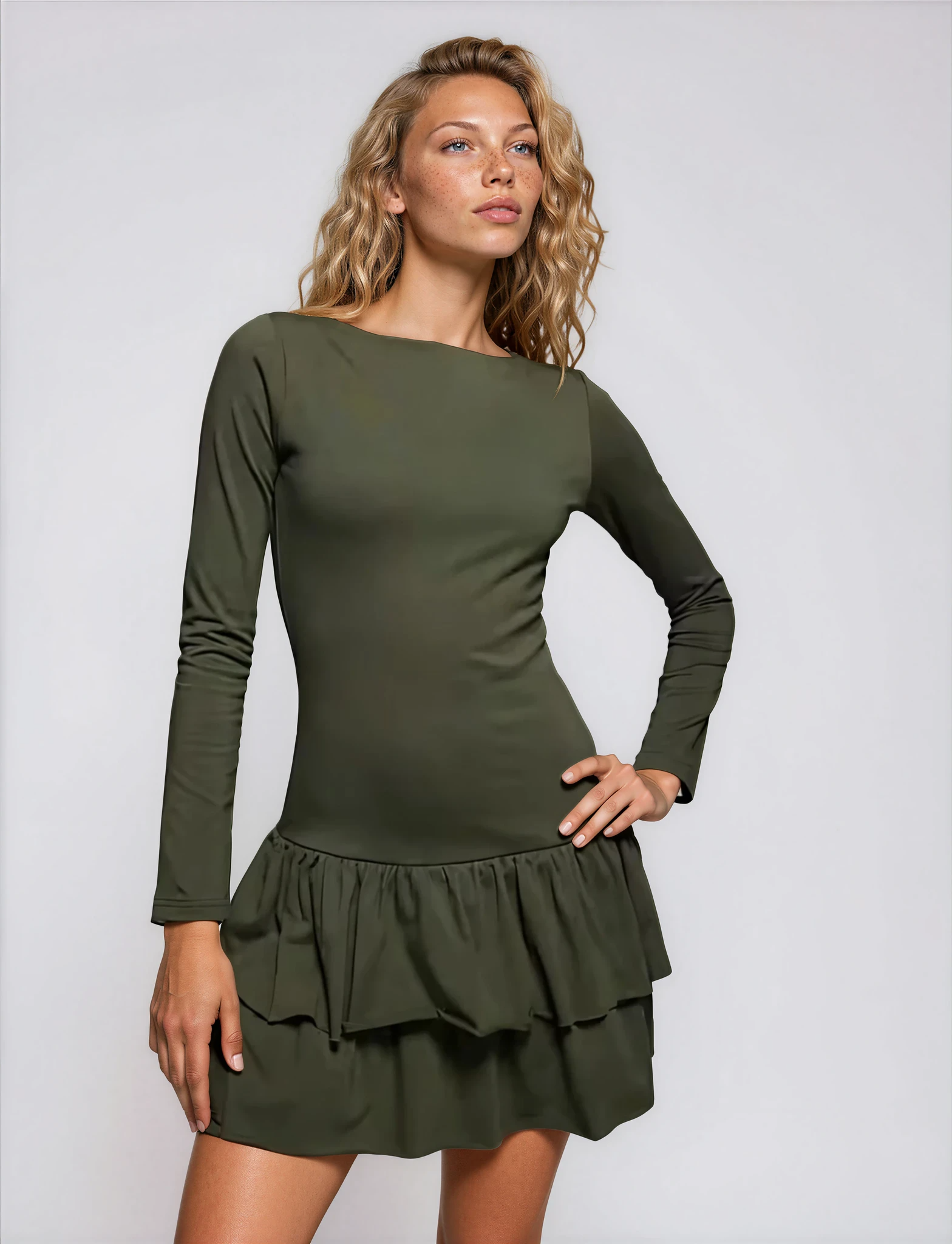 long sleeve drop waist mini dress Exclusive Cotton Ruffle Hem in Khaki – Fashionkilla Online Color:Yellow Green Leaf Dresses for Tall Women Eco-SKinKiss®