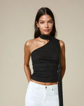 Double Layer Wrap Neck Top in Black