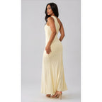 Fashionkilla exclusive double sculpted slinky one shoulder metal drape detail maxi dress in lemon