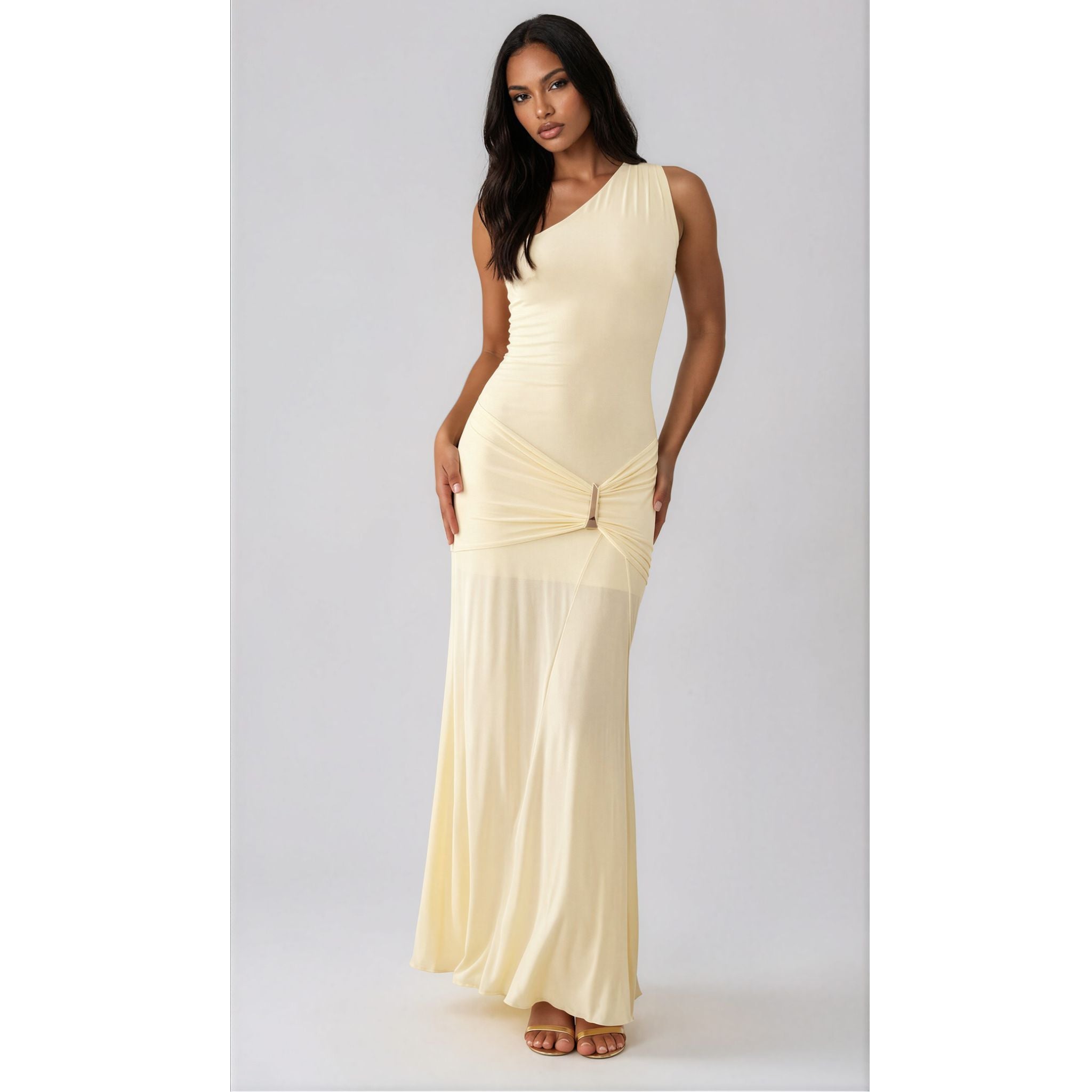 Fashionkilla exclusive double sculpted slinky one shoulder metal drape detail maxi dress in lemon
