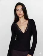Exclusive Double Sculpted Slinky Lace Trim V Neck Long Sleeve Top in Black