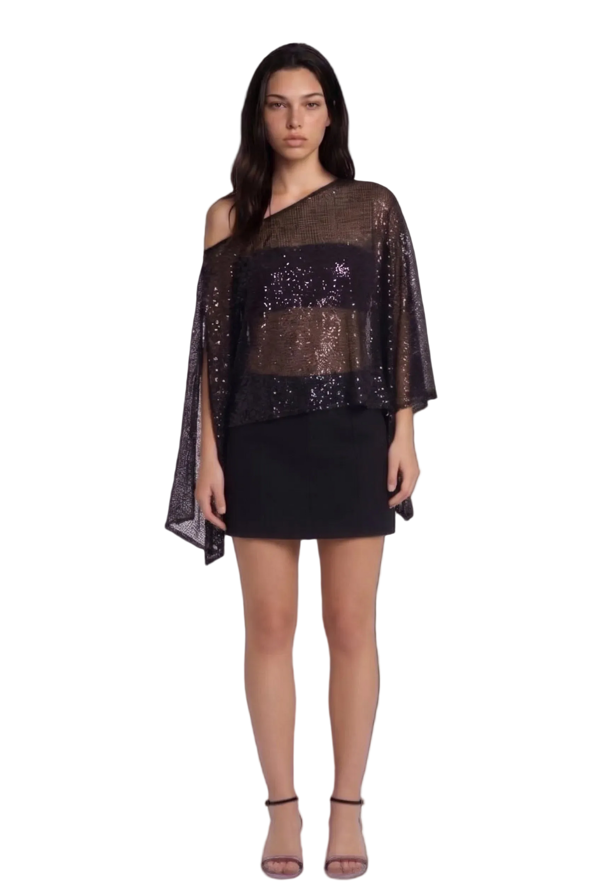 Fashionkilla exclusive sheer sequin mesh asymmetric hem cape top