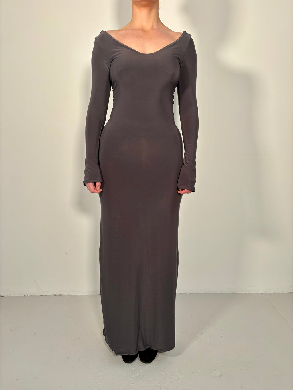 double layer long sleeve maxi dress CHARCOAL