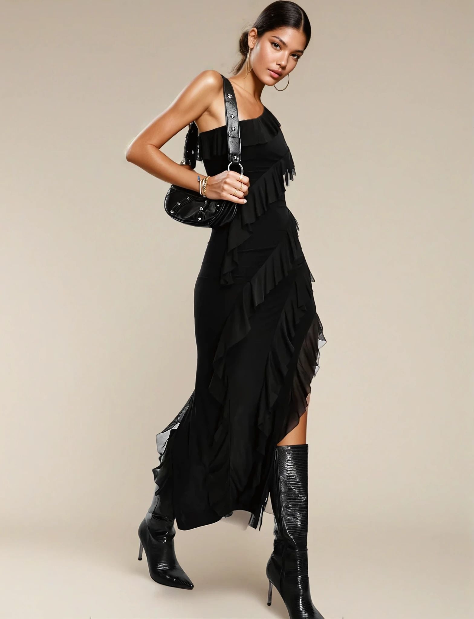 SCULPT ruffle detail cut out leg maxi dress