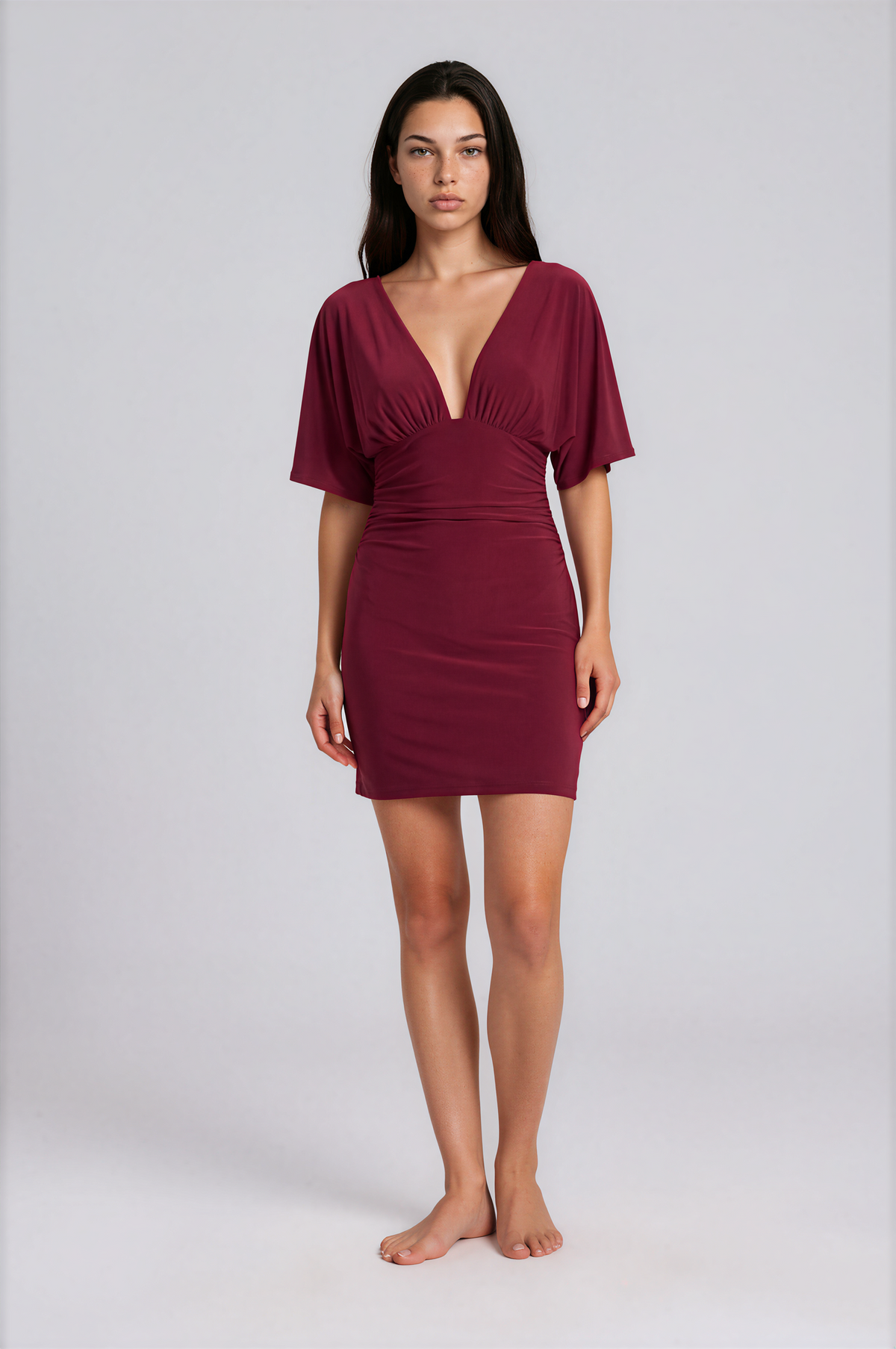 Fashionkilla exclusive plunge batwing sleeve ruched side detail mini dress in burgundy