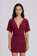 Fashionkilla exclusive plunge batwing sleeve ruched side detail mini dress in burgundy