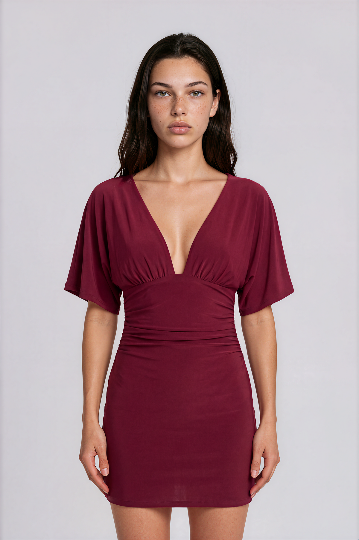 Fashionkilla exclusive plunge batwing sleeve ruched side detail mini dress in burgundy