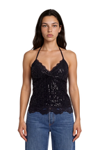 Fashionkilla exclusive irregular lace trim glitter mesh halterneck top