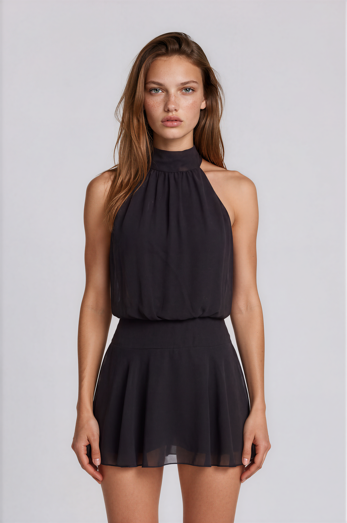 Fashionkilla exclusive chiffon halterneck foldover detail ruffle skirt mini dress in black