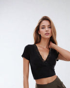 Double Layer Black Lace Trim T-Shirt Crop Top