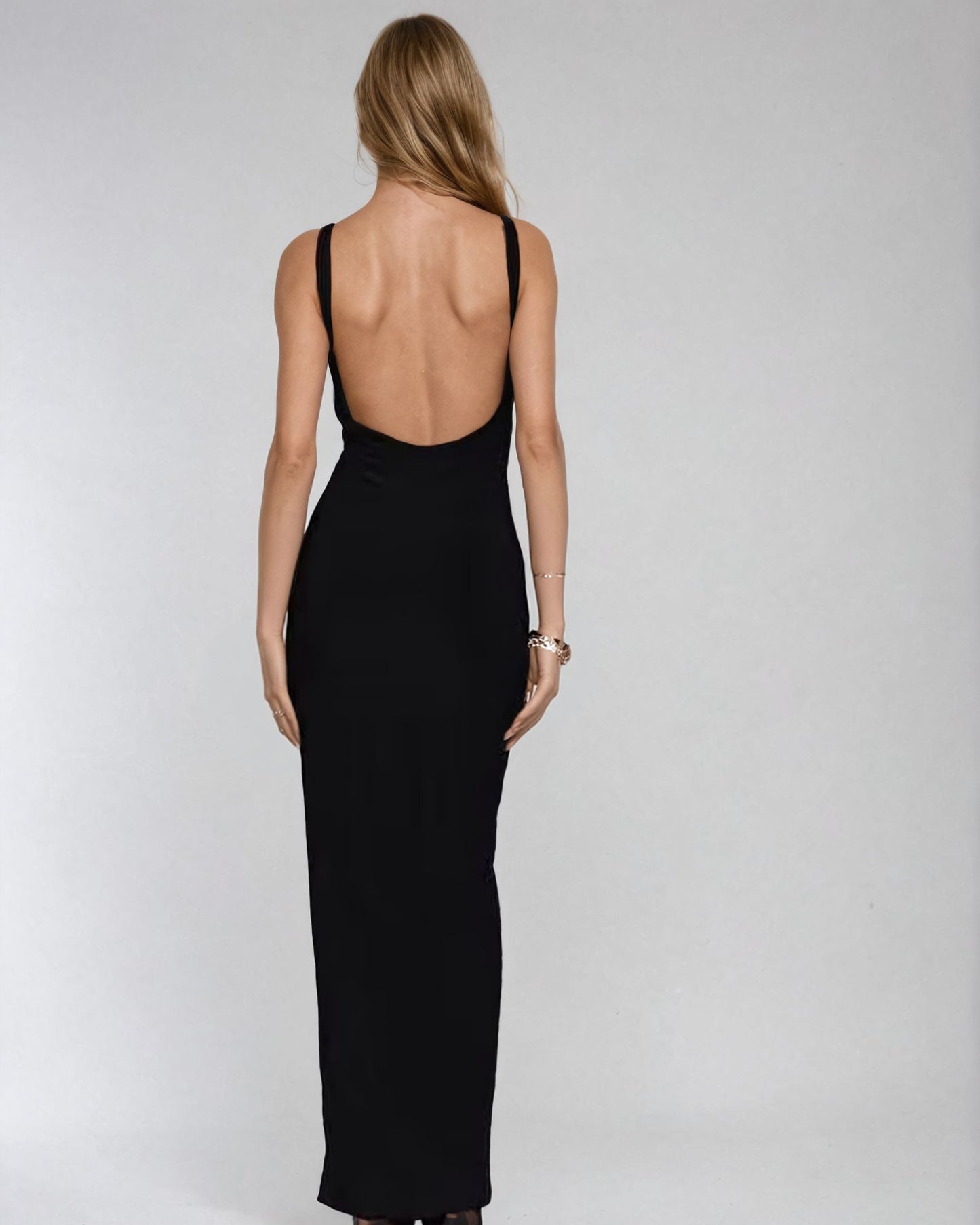 Double Layer High Neck Low Back Maxi Dress in Black