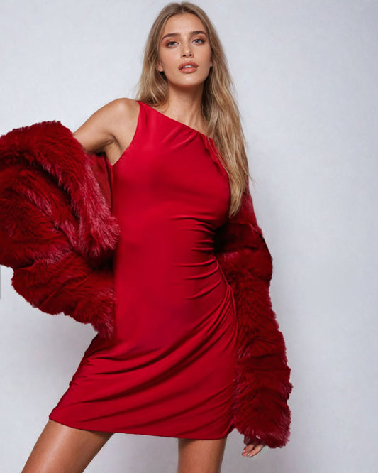 Double Layer High Neck Low Back Mini Dress in Cherry Red