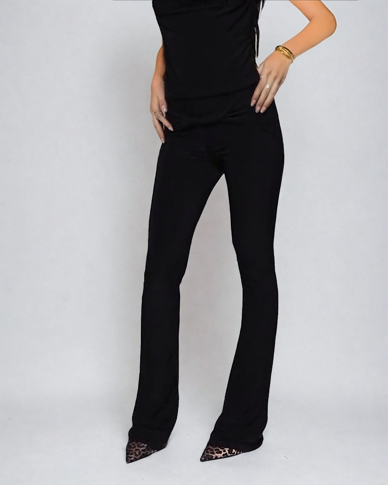 Double Layer Twist Front Fitted Flared Trouser in Black