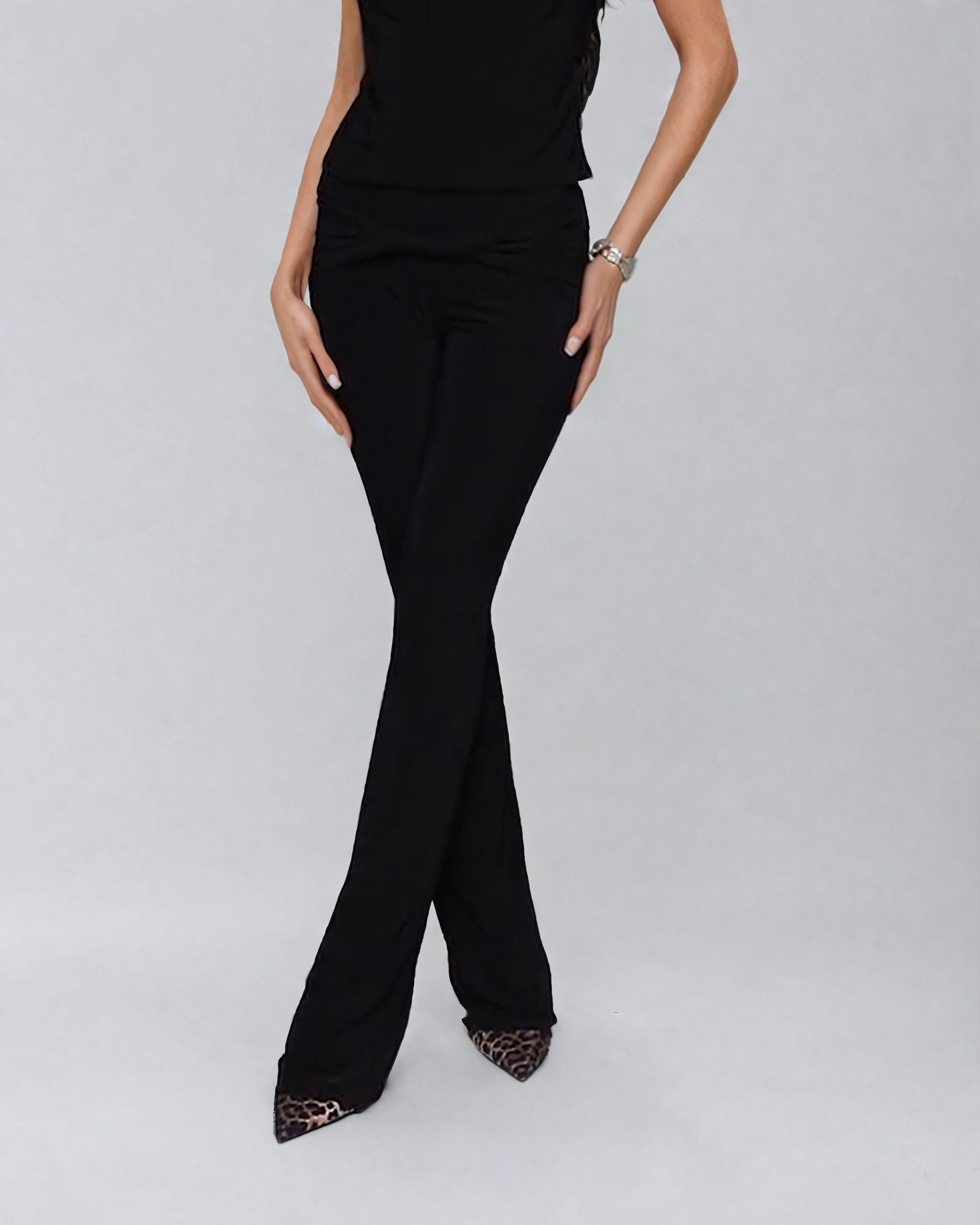 Double Layer Twist Front Fitted Flared Trouser in Black