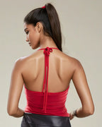 Exclusive Double Sculpted Lace Trim Halterneck Top in Cherry Red