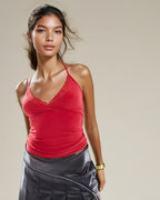 Exclusive Double Sculpted Lace Trim Halterneck Top in Cherry Red