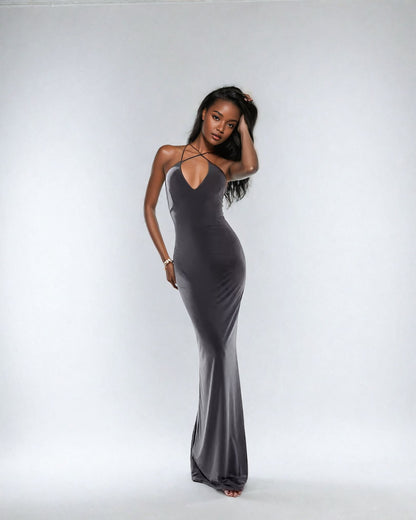 Double Layer Strappy Wrap Front Maxi Dress in Charcoal