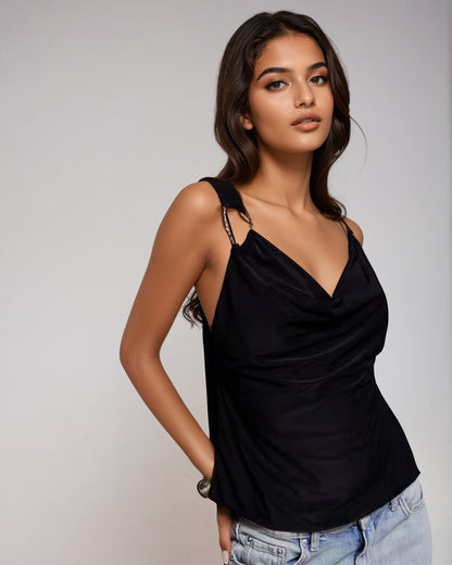 EXCLUSIVE Double Layer Cap Metal Trim Cowl Neck Open side top in Black