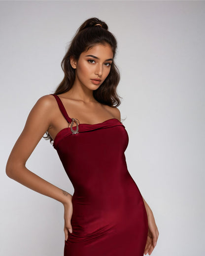 Exclusive Double Layer Metal Trim Strap Detail Maxi in Burgundy