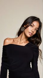 Exclusive Double Sculpted Slinky One Shoulder Fold Over Top in Black
