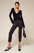 Exclusive Double Sculpted Slinky Lace Trim V Neck Long Sleeve Top in Black