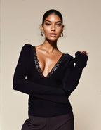 Exclusive Double Sculpted Slinky Lace Trim V Neck Long Sleeve Top in Black