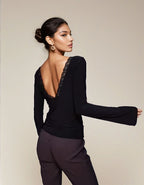 Exclusive Double Sculpted Slinky Lace Trim V Neck Long Sleeve Top in Black