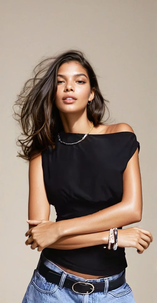 Exclusive Double Sculpted Slinky Sleeveless Asymmetric Ruched in Black