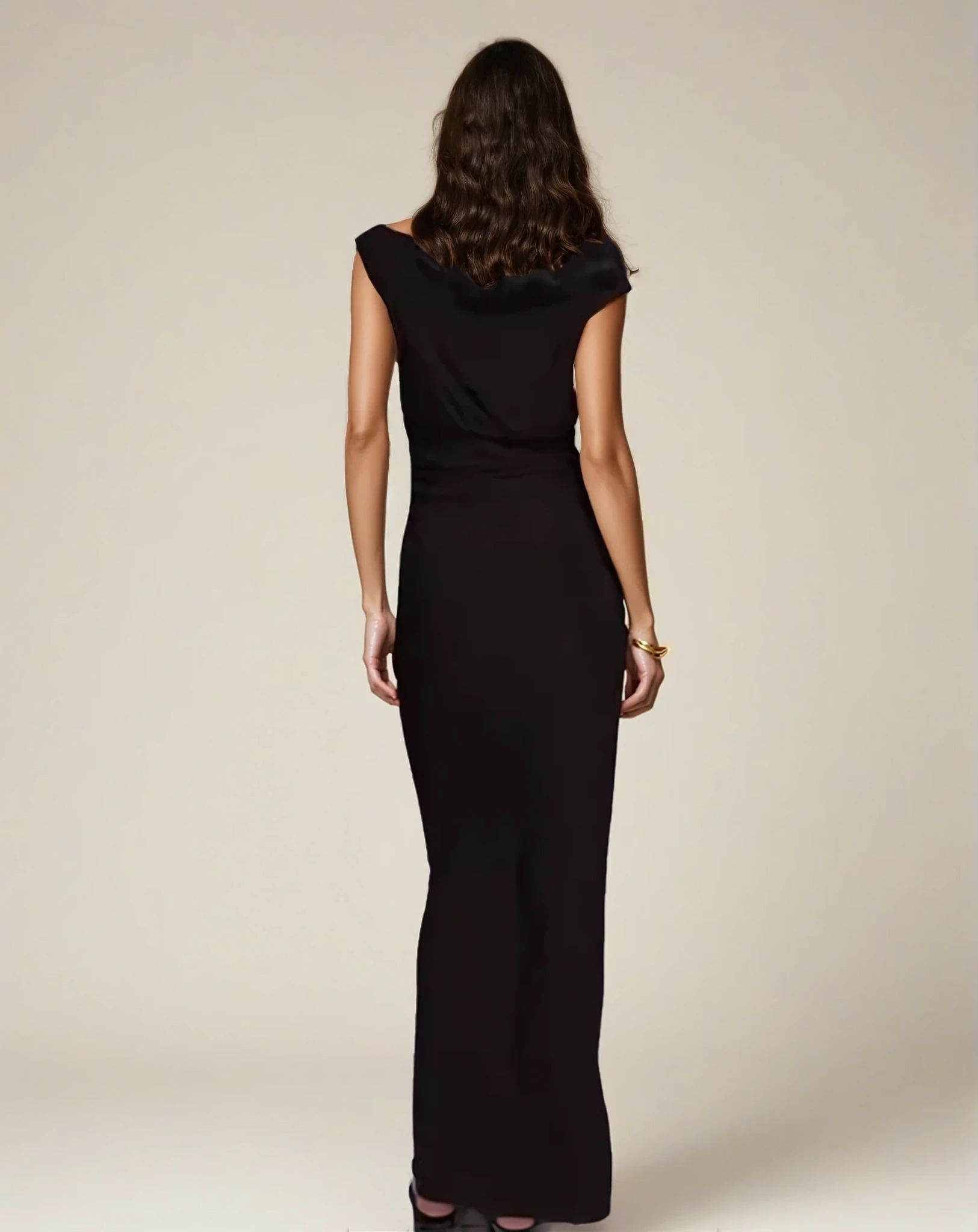 Exclusive Double Sculpted Slinky Sleeveless Asymmetric Neck Ruched Bodycon Maxi Dress in Chocolate