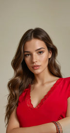 Exclusive Double Layer Black Lace Trim T-Shirt in Cherry Red