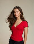 Exclusive Double Layer Black Lace Trim T-Shirt in Cherry Red