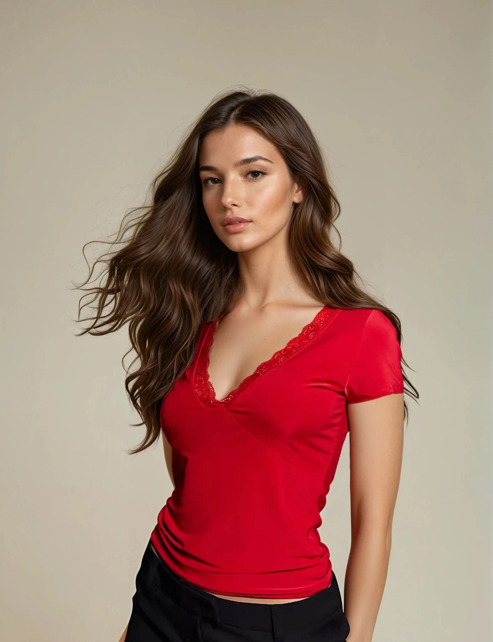 Exclusive Double Layer Black Lace Trim T-Shirt in Cherry Red