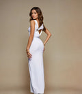 Exclusive Double Sculpted Slinky High Neck Cowl back Starfish Trim Maxi Dress in Ivory