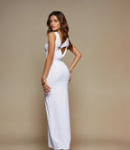 Exclusive Double Sculpted Slinky High Neck Cowl back Starfish Trim Maxi Dress in Ivory