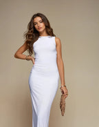 Exclusive Double Sculpted Slinky High Neck Cowl back Starfish Trim Maxi Dress in Ivory