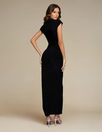 Exclusive Double Sculpted Slinky Asymmetric Neckline Maxi Dress in Black