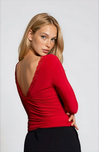 Exclusive Double Sculpted Slinky Lace Trim V Neck Long Sleeve Top in Cherry Red
