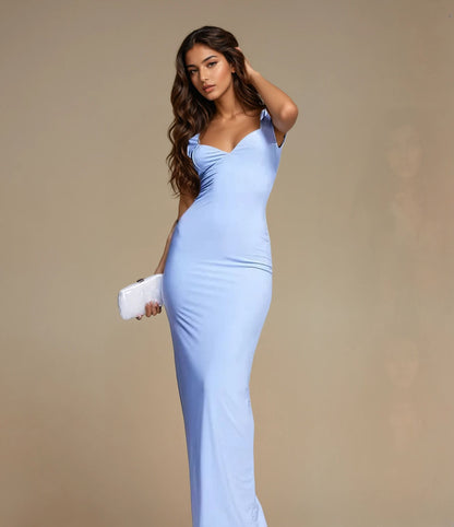 Exclusive Double Sculpted Slinky Sweetheart Neckline open back Bodycon Maxi Dress in Baby Blue