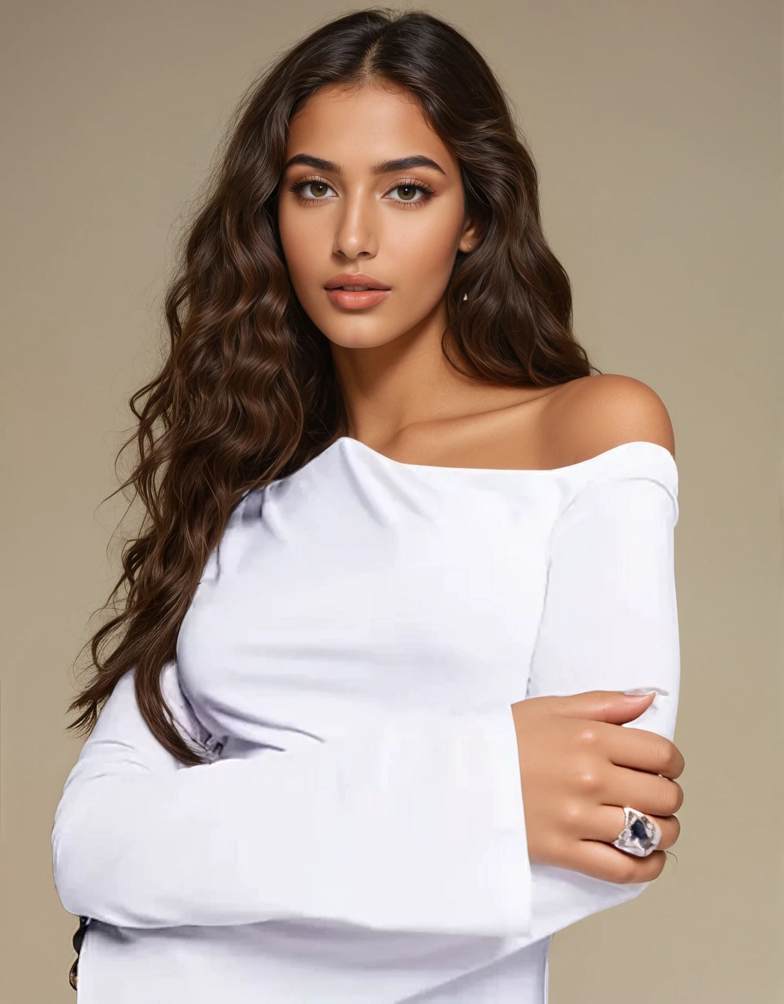 Exclusive Double Sculpted Slinky Asymmetric Shoulder A-Line Mini Dress in Ivory