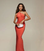 Exclusive Double Sculpted Slinky Conch Shell Detail Open Back Maxi Dress in Orange
