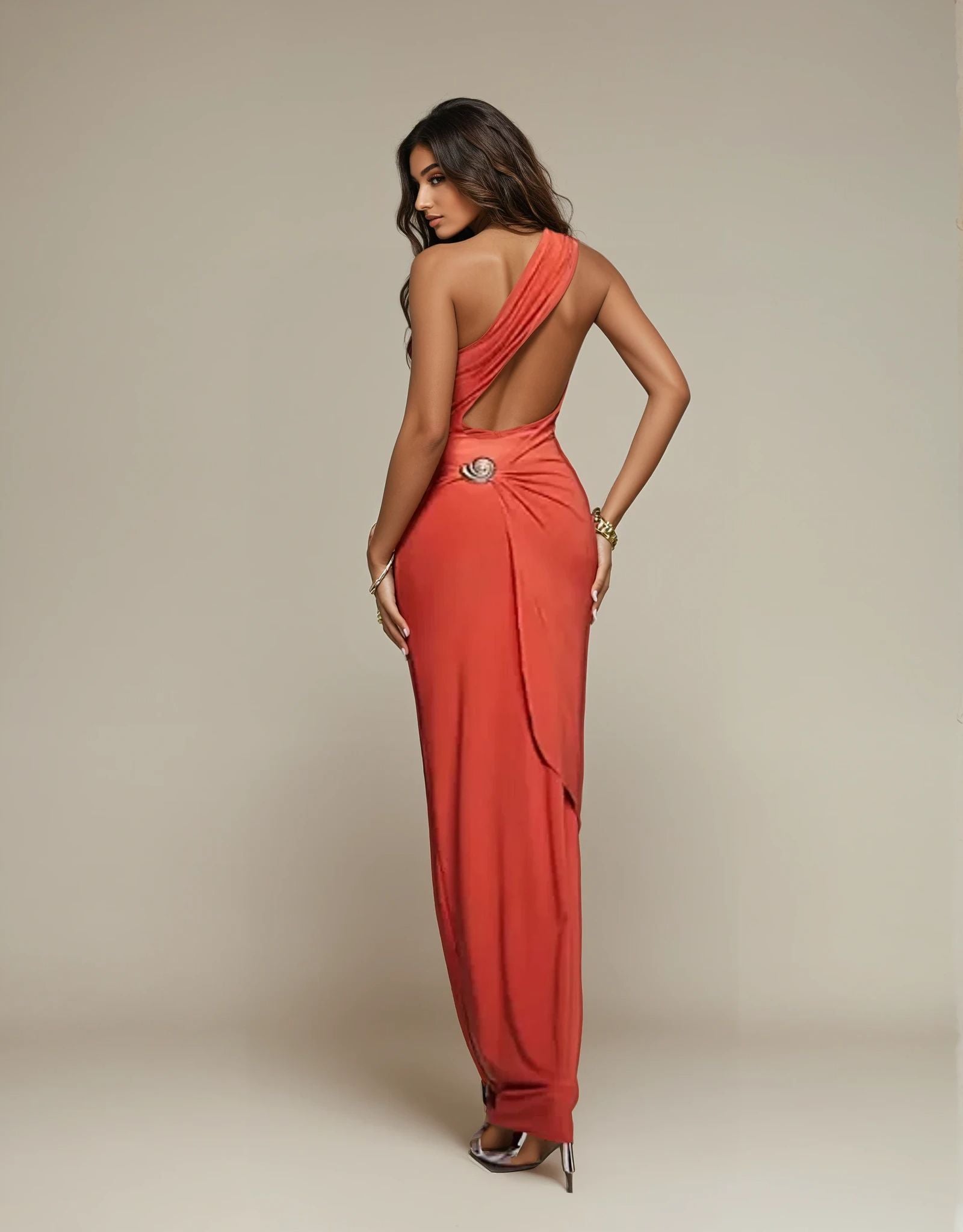 Exclusive Double Sculpted Slinky Conch Shell Detail Open Back Maxi Dress in Orange