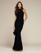 Exclusive Double Sculpted Slinky Open back Knot Maxi Dress in Black