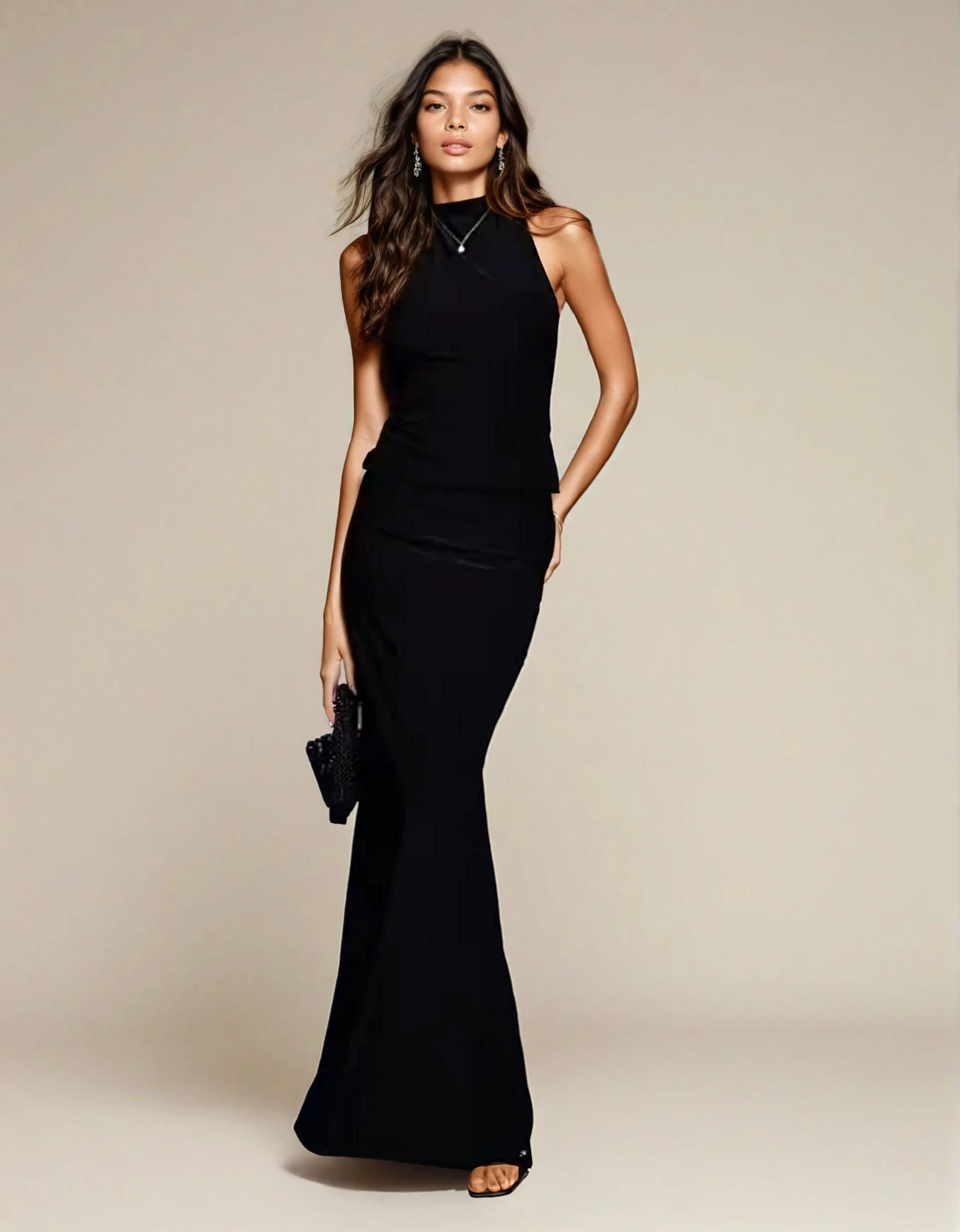Exclusive Double Sculpted Slinky Open back Knot Maxi Dress in Black