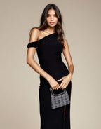 Exclusive Double Sculpted Slinky Ruffle Shoulder Maxi Dress in Black