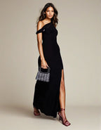 Exclusive Double Sculpted Slinky Ruffle Shoulder Maxi Dress in Black