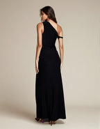 Exclusive Double Sculpted Slinky Ruffle Shoulder Maxi Dress in Black