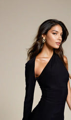Exclusive Double Sculpted Slinky One Sleeve Mini Dress in Black