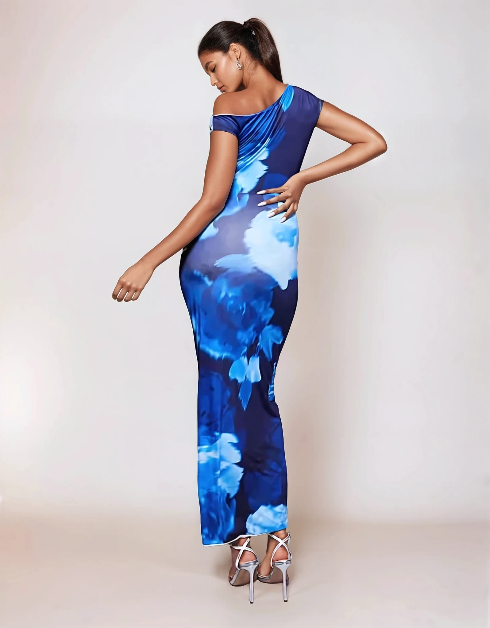 Exclusive Double Sculpted Slinky Asymmetric Shoulder Maxi Dress in Blue Blurred Flower Print